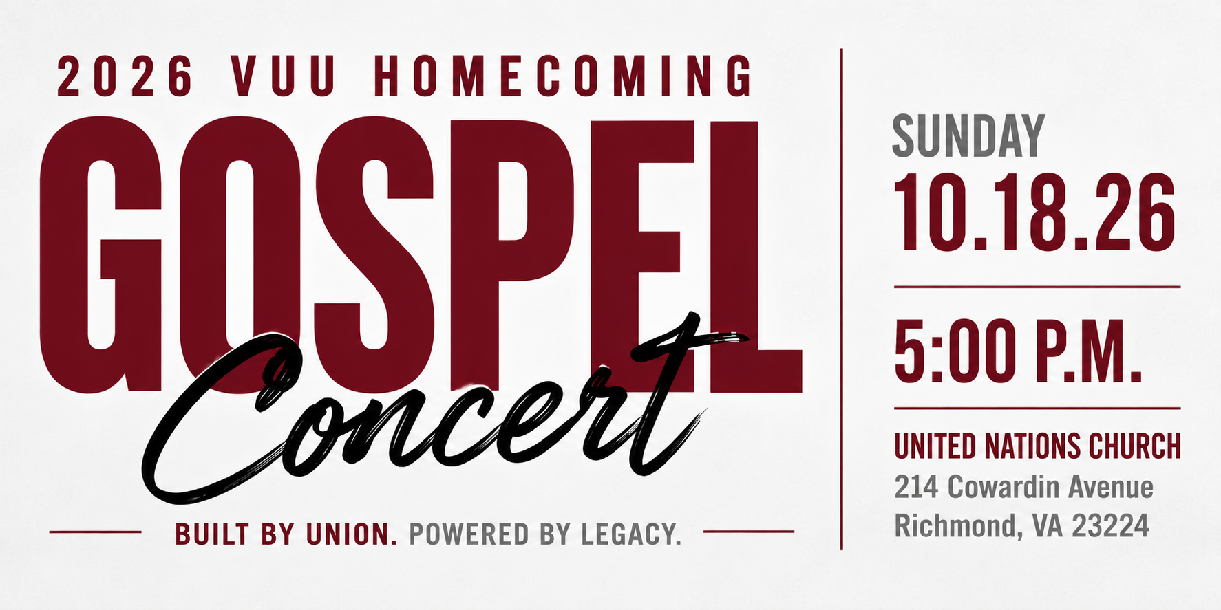 2026 VUU Homecoming Gospel Concert — Sunday, October 18, 5:00 PM at United Nations Church, 214 Cowardin Avenue, Richmond, VA